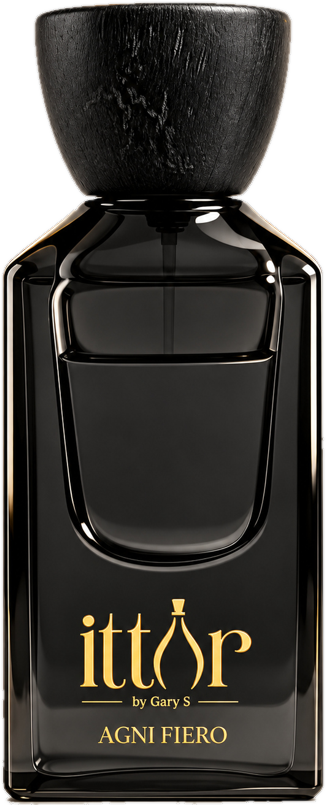 Agni Fiero eau de parfum in a black glass bottle with a carved black wooden cap and gold lettering