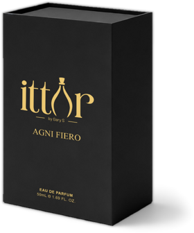 Agni Fiero gift box, a matte black carton printed with the ittar logo in gold