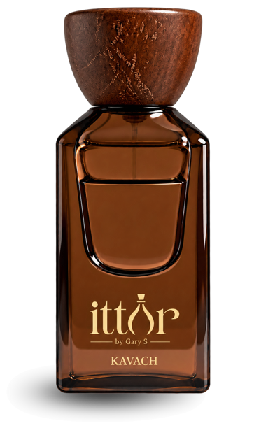 Kavach eau de parfum in an amber glass bottle with a walnut cap