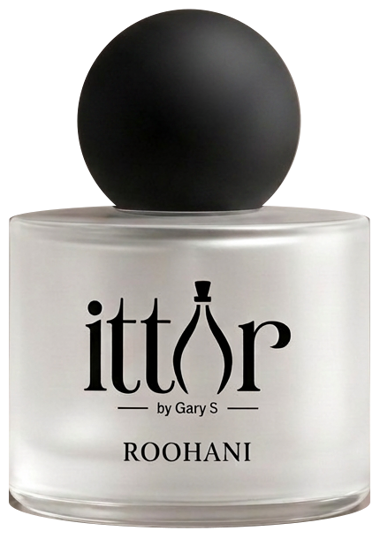 Roohani eau de parfum in a frosted white glass bottle with a round matte black cap